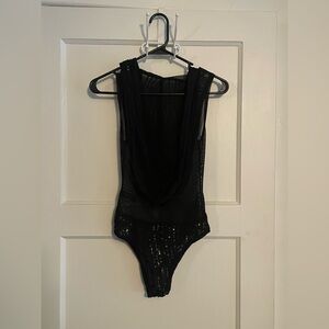 Black Sheer Sequin Hooded Bodysuit